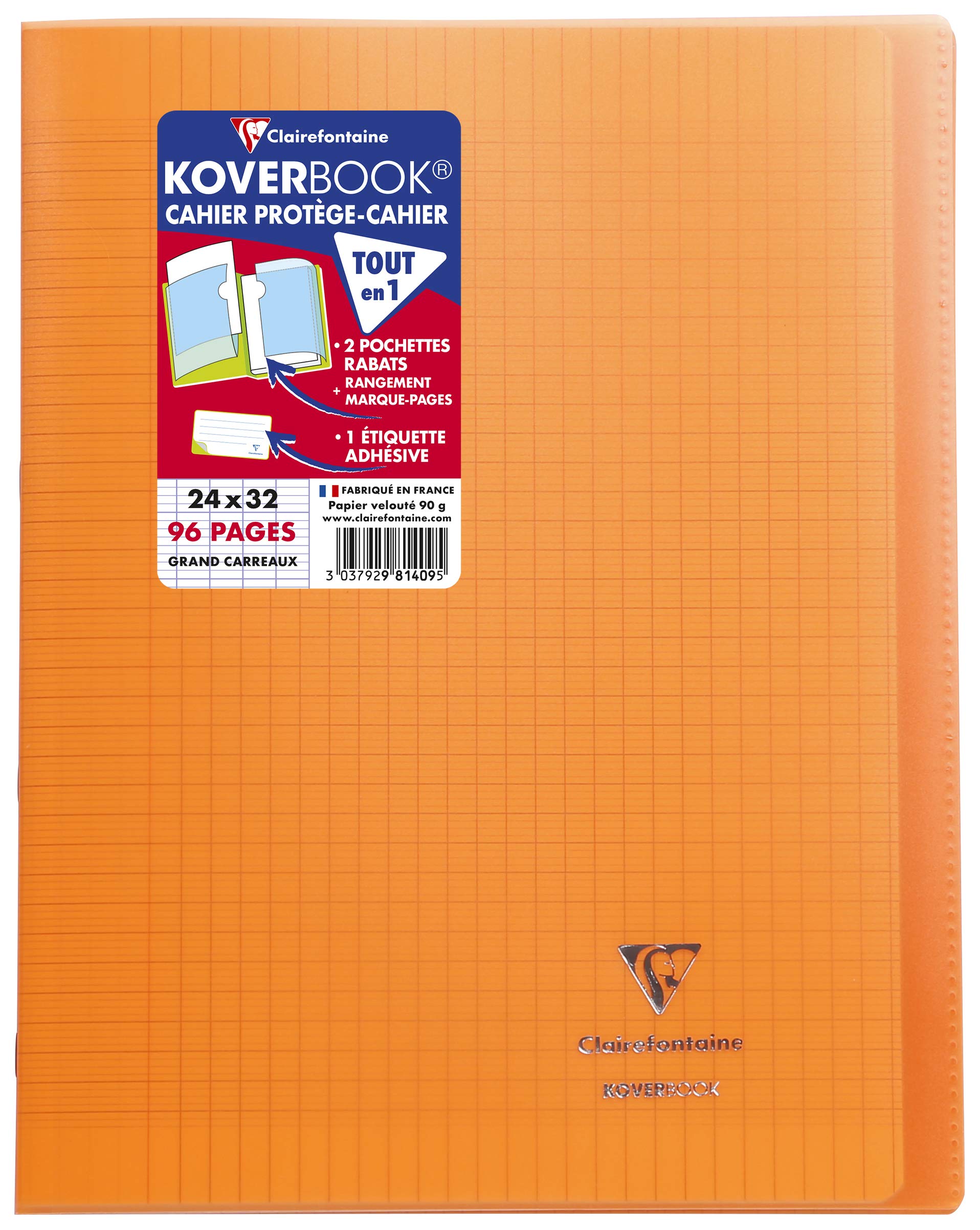 Clairefontaine 981409C - One Stapled Notebook Koverbook Orange - Dimensions: 24x32 cm - 96 Seyes Ruled Pages - White Vellum Paper 90 g - Polypro Cover
