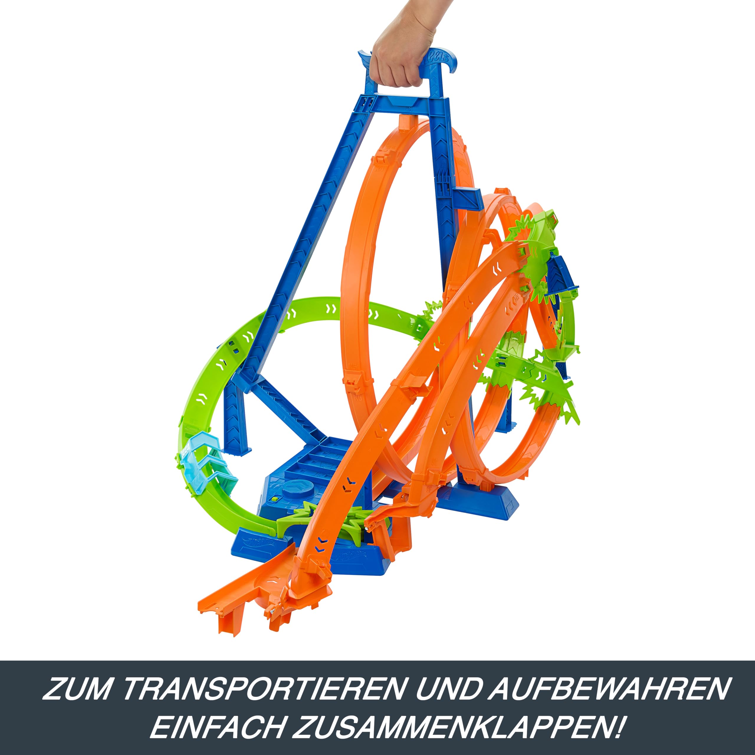 Hot Wheels -Trackset, Episches Crash-Rennen mit 5 Crash-Zonen, motorisiertem Beschleuniger und 1 Hot Wheels Auto im Maßstab 1:64, leicht aufzubewahren, HTP55 6