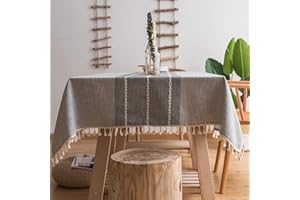 Mokani Middle Embroidery Table Cloth Washable Cotton Linen Tassel Tablecloth, Rectangle Wrinkle Free Anti-Fading Table Cover 