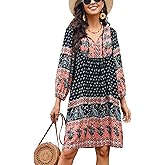 Bluetime Women Casual Summer Dress Boho V Neck 3/4 Sleeve Babydoll Floral Print Flowy Beach Dress