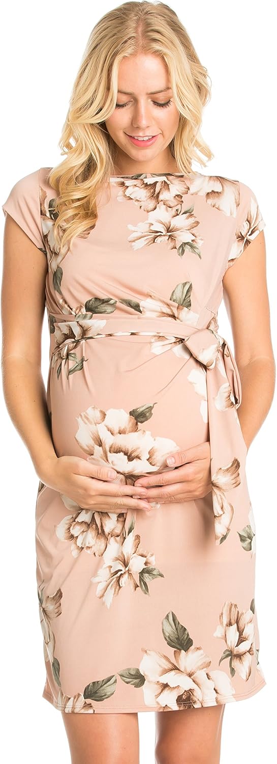 My Bump Women's Various Print Side Bow Tie Cap Sleeve Maternity Dress(Made in USA) at  Women’s Clothing store