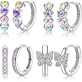 925 Sterling Silver Post Small Hoop Earrings For Girls - Hypoallergenic Huggie Earrings for Women Cute Heart Flowers Butterfly Star Cubic Zirconia Cartilage Earrings For Sensitive Ears 4Pairs