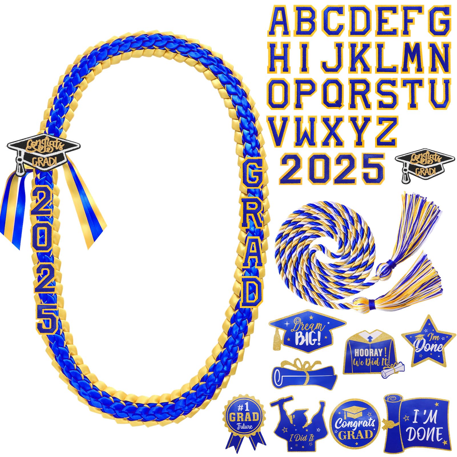 Photo 1 of Moerstar Graduation Ribbon Leis Class of 2025 DIY Grad Lei Money Leis Set with Braided Necklace Honor Cords Embroidery Accessories for Graduation Gift Party Decorations (Blue)