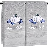 JarThenaAMCS 2Pcs Fall Hand Towels White Blue Pumpkin Embroidered Cotton Bathroom Towel Decorative Dish Towels Set for Autumn Thanksgiving Home Decor, 13.7 x 29.5 Inch