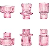Toptime Candlestick Holders Set of 6, Ribbed Glass Taper Candle Holders, Reversible Pink Tealight & Candle Stick Candle Holder Vintage Crystal Tapered Candlestick for Wedding Dinner Party Festival