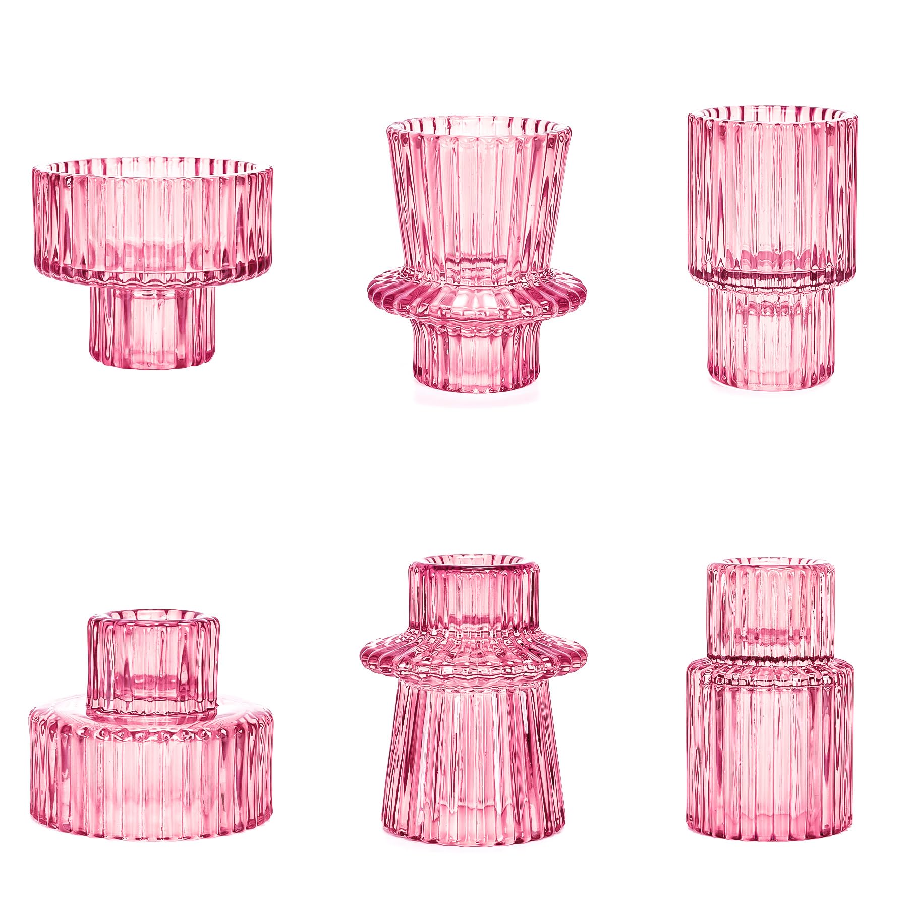 Toptime Candle Holders Set of 6, Glass Candlestick Holders Pinstripe Pattern, Reversible Tealight & Taper Candle Holders, Pink Crystal Tea Light Candle Holder for Wedding Dinner Party Festival