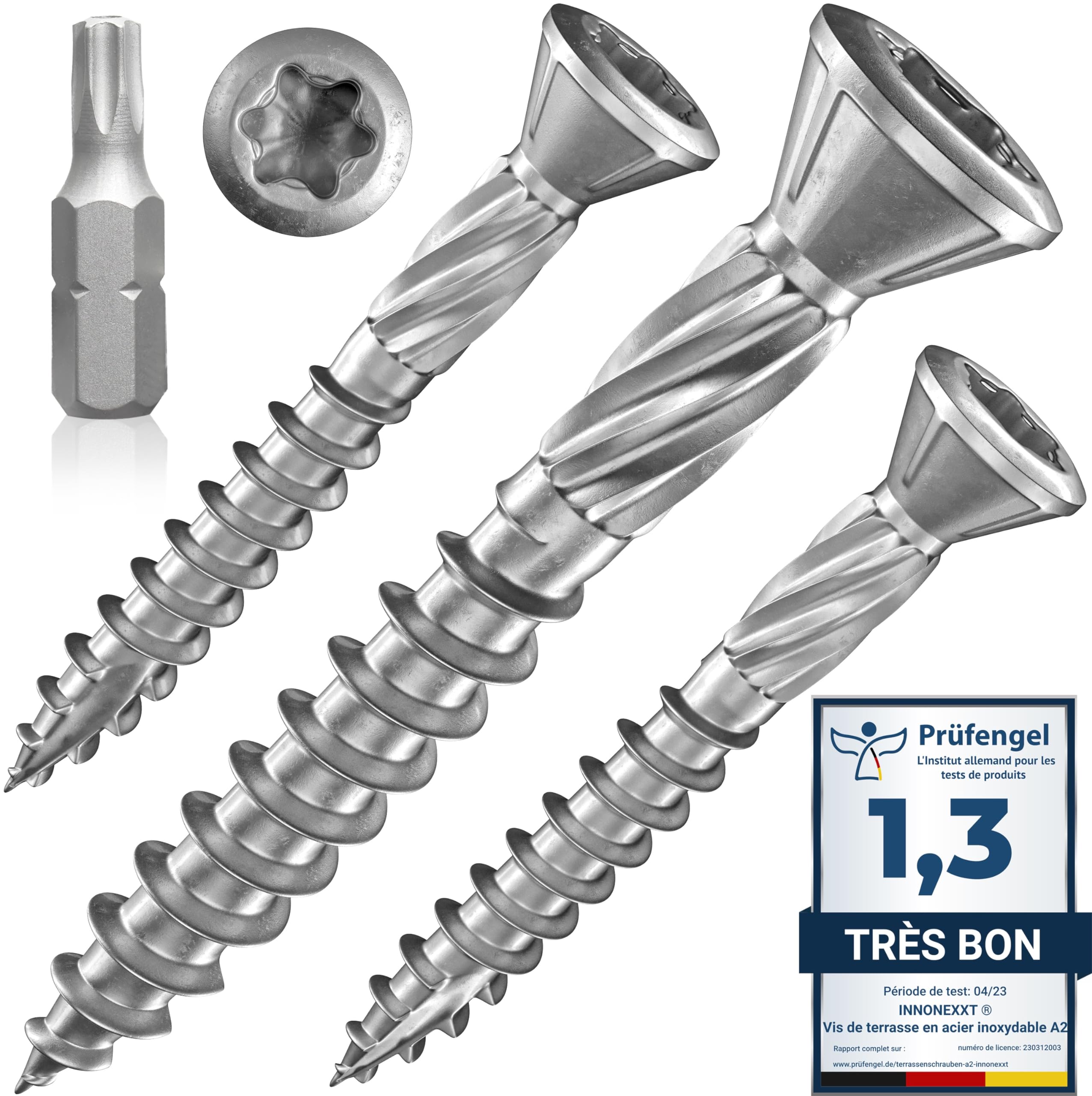 INNONEXXT® Premium Stainless Steel decking Screws A2 incl. bit | 5.0 x 40 mm 200 Pieces TX25 | Milling Ribs, Cut tip | Wood Screws, Screws for Wood, Stainless Steel Screws | Made in Germany