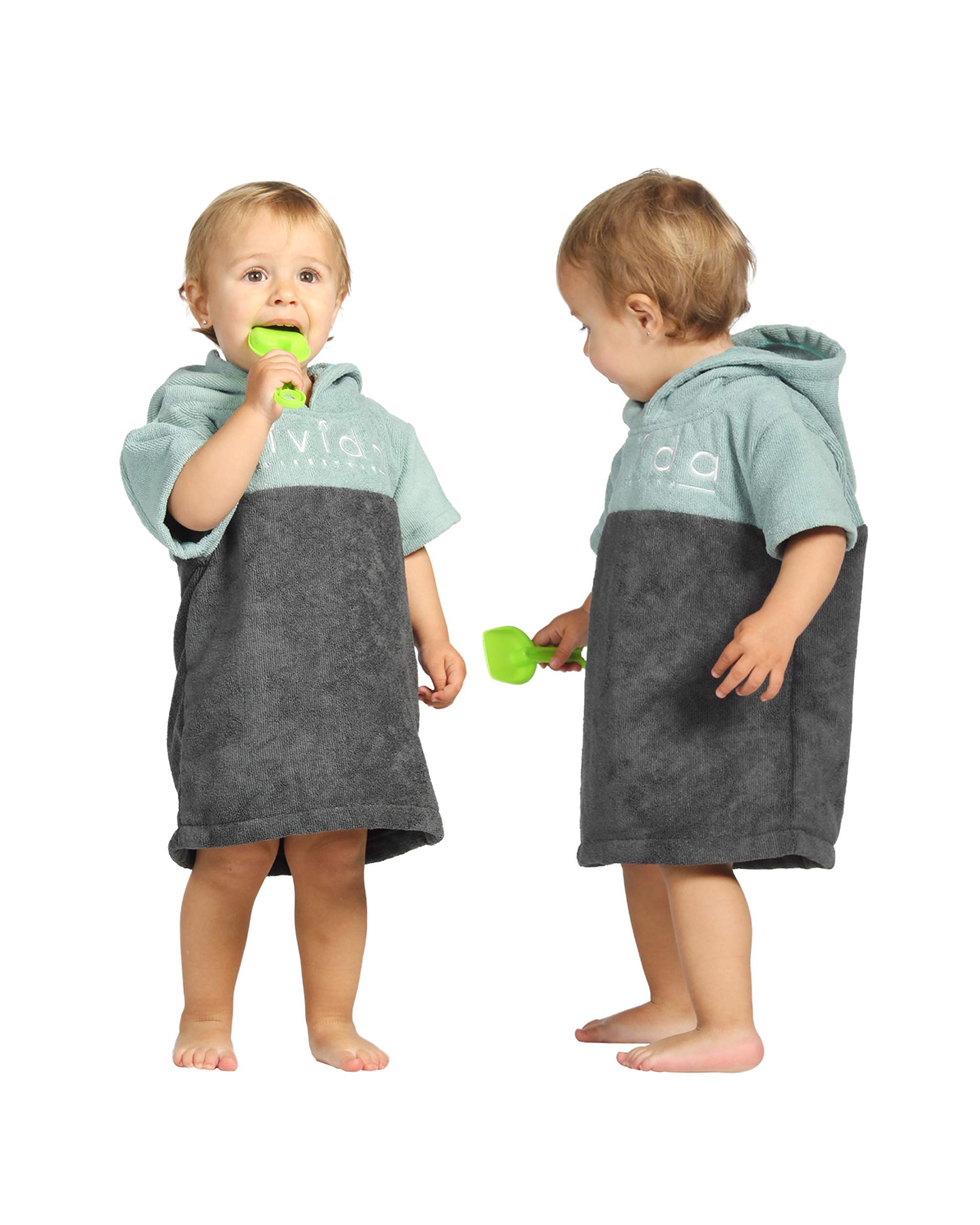 Vivida Lifestyle – Essential Baby Hooded Poncho Towel Changing Robe with Absorbent Quickdry Fabric and Personalisation Label for Beach, Bath, Surf & Swim - (Baby), Turquoise-Grey