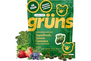 GRÜNS Gruns Adult Sugar-Free Super Greens Gummies, Superfood Gummy Bears with Spirulina, Chlorella, Fiber & Prebiotics for Digestive Health, Adaptogens Supplement with 20 Vitamins & Minerals, 28 Packets