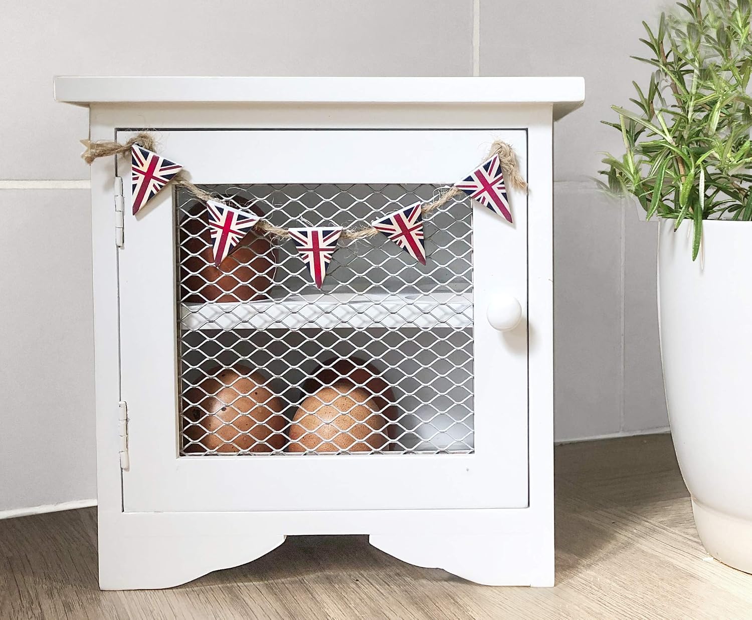 GreyZouq Wooden Country Kitchen Egg Cabinet. Egg Rack with Capacity to hold 12 Eggs. Ideal storage rack with farmhouse rustic effect. Worktop organizer. (White with Bunting)