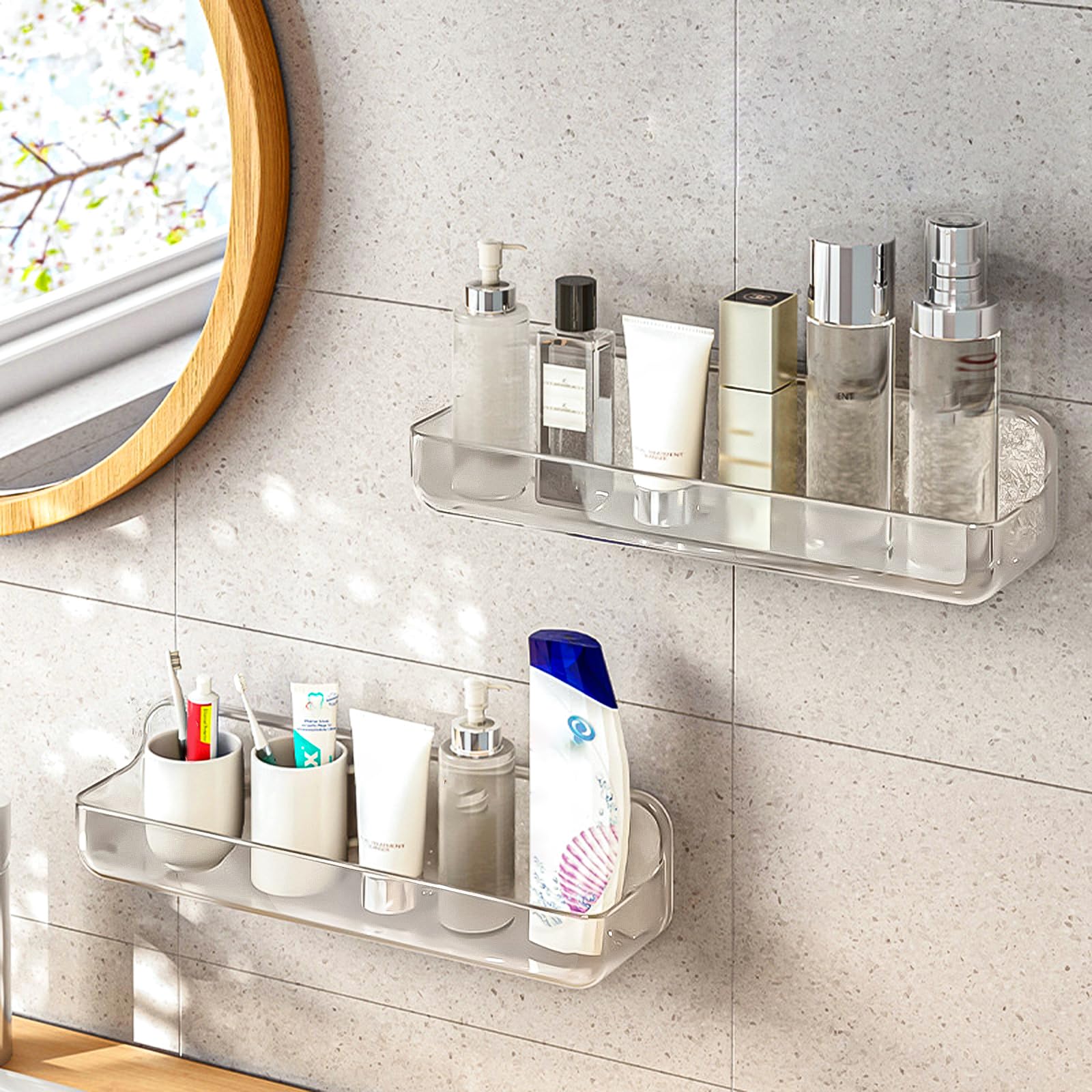 Photo 1 of Diesisa 2pc Acrylic Wall Mount Organizer, Adhesive Shelf, Bathroom Shelves for Wall, Self Adhesive Organizer, Shower Caddies, No Drilling Hang Wall,with 3pack Tapes, for Bathroom, Kitchen, Living Room