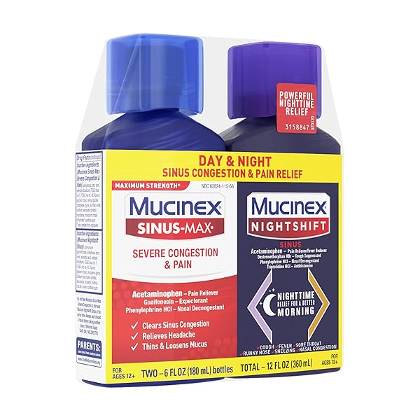MUCINEX MAXIMUM STRENGTH SINUS-MAX SEVERE CONGESTION & PAIN + NIGHTSHIFT SINUS LIQUID, COLD AND FLU MEDICINE FOR ADULTS, OVER-THE-COUNTER MEDICATION FOR MULTI-SYMPTOM RELIEF, 2X6 FL OZ