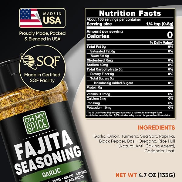 FAJITA SEASONING MIX GARLIC POWDER SEASONING – GLUTEN FREE & LOW SODIUM MEXICAN SEASONINGS BLEND FOR MEAT, VEGETABLES, STEAK & CHICKEN FAJITA. GARLIC AND HERB FAJITAS SEASONINGS SPICE. TACO MIX. 4.7OZ