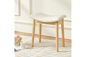 Chilihom Vanity Stool Vanity Chair 18 Inch, Saddle Cushion Ottoman Stool Chair with Solid Wood Legs, Modern Piano Bench Makeup and Foot Stool for Bedroom, Entryway and Living Room, Beige