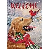 Selmad Welcome Winter Golden Retriever Dog Decorative Burlap Garden Flag, Puppy Cardinal Pet Home Yard Small Outdoor Decor, Christmas Snowy Outside Decoration Double Sided 12 x 18