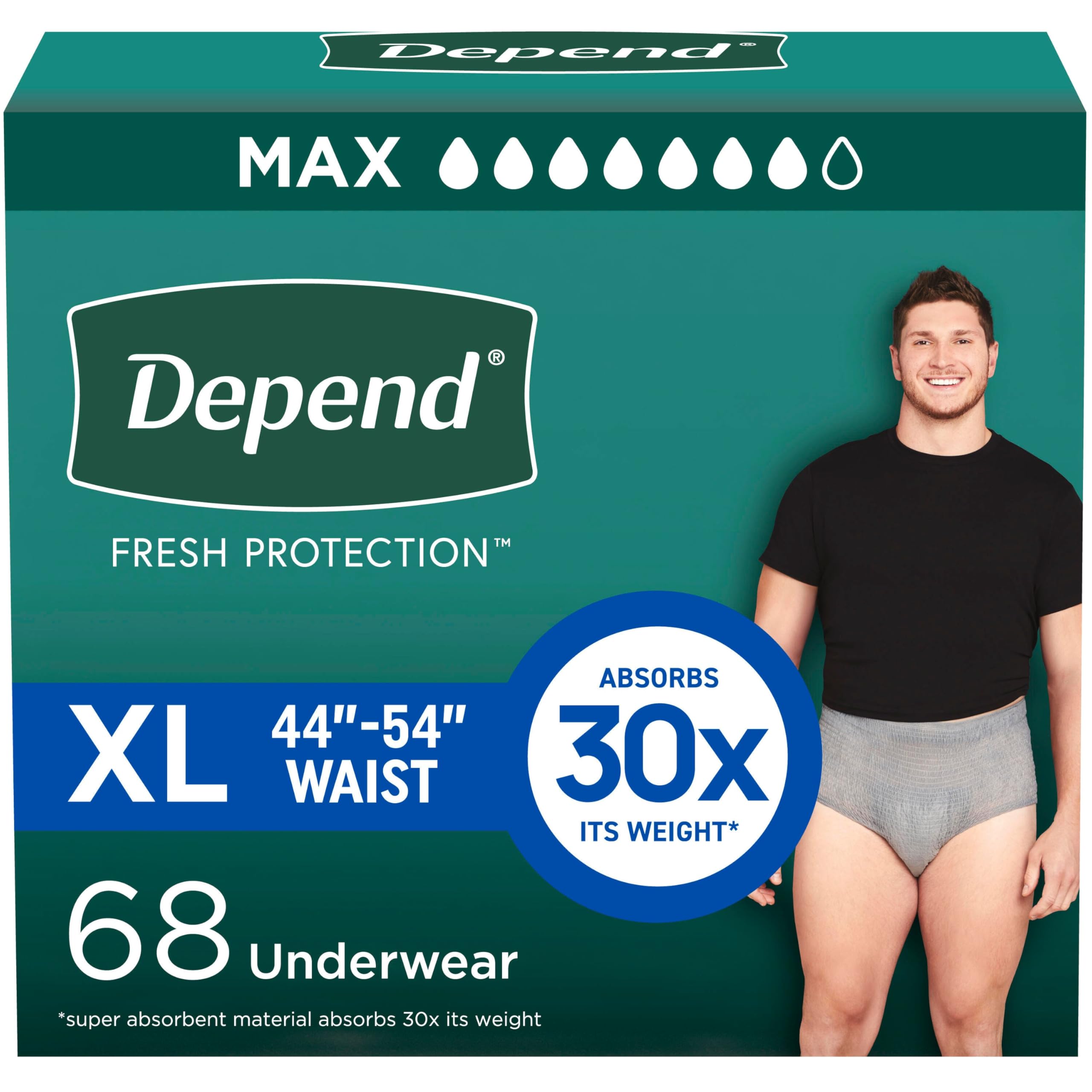 Photo 1 of Depend Fresh Protection Adult Incontinence Underwear for Men, Disposable, Maximum, Extra-Large, Grey, 68 Count (2 Packs of 34), Packaging May Vary