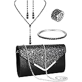 Henoyso 5 Pcs Purse Rhinestone Jewelry Set Prom Jewelry Rhinestone Clutch Purse Necklace Earrings Bracelets for Wedding Women Bride