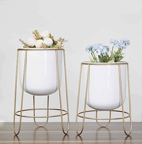 ecofynd Joe Pot with Stand, Set of 2 | Decorative White Planter with Golden Stand | for Balcony, Living Room, Bedroom, Indoor and Outdoor