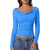 QINSEN Women Cowl Neck Long Sleeve T Shirts Double Lined Tight Fitted Crop Top