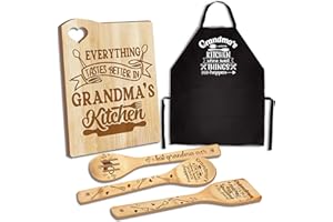 TAESUN Gifts for Grandma, Mothers Day Grandma Kitchen Gifts from Grandkids, Birthday Gift Wooden Cutting Board with Cooking Utensils Set with Apron Set, Great Grandma Grandparents Day Gift