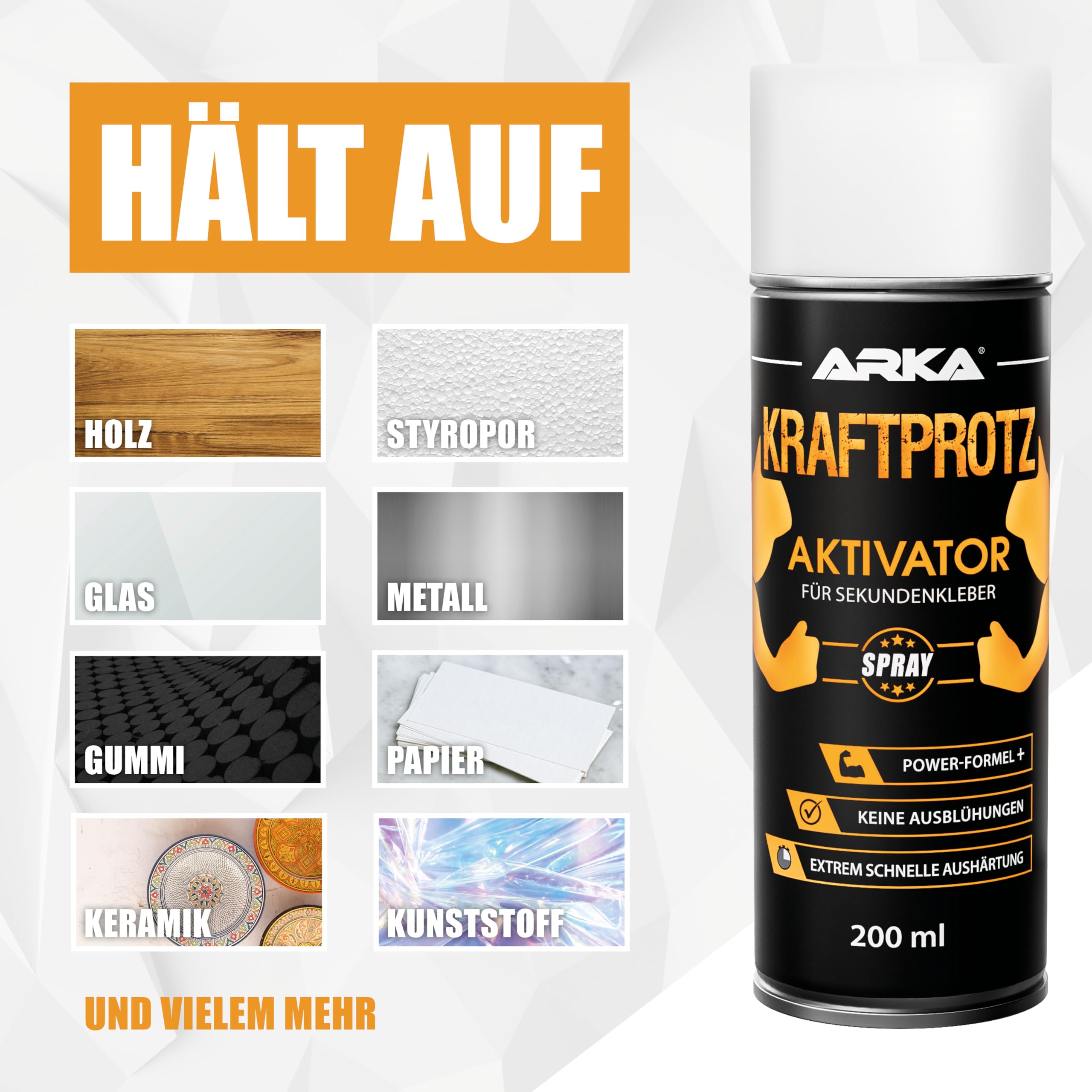 Aktivator Spray 200 ml für Sekundenkleber – Aushärtungsbeschleuniger blitzschnell in 1–4 Sek – hitze- & wasserfest, rückstandsfrei – für Cyanacrylat, Kunststoff, Glas, Metall, Holz – KRAFTPROTZ 6
