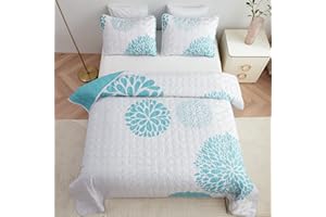 Bedmoon Light Blue Floral Quilt Full/Queen, Lightweight Reversible Quilt Bedding Set, 3 Pieces Soft Bedspread, All Seasons Microfiber Coverlet Queen Size（Lily Flower）
