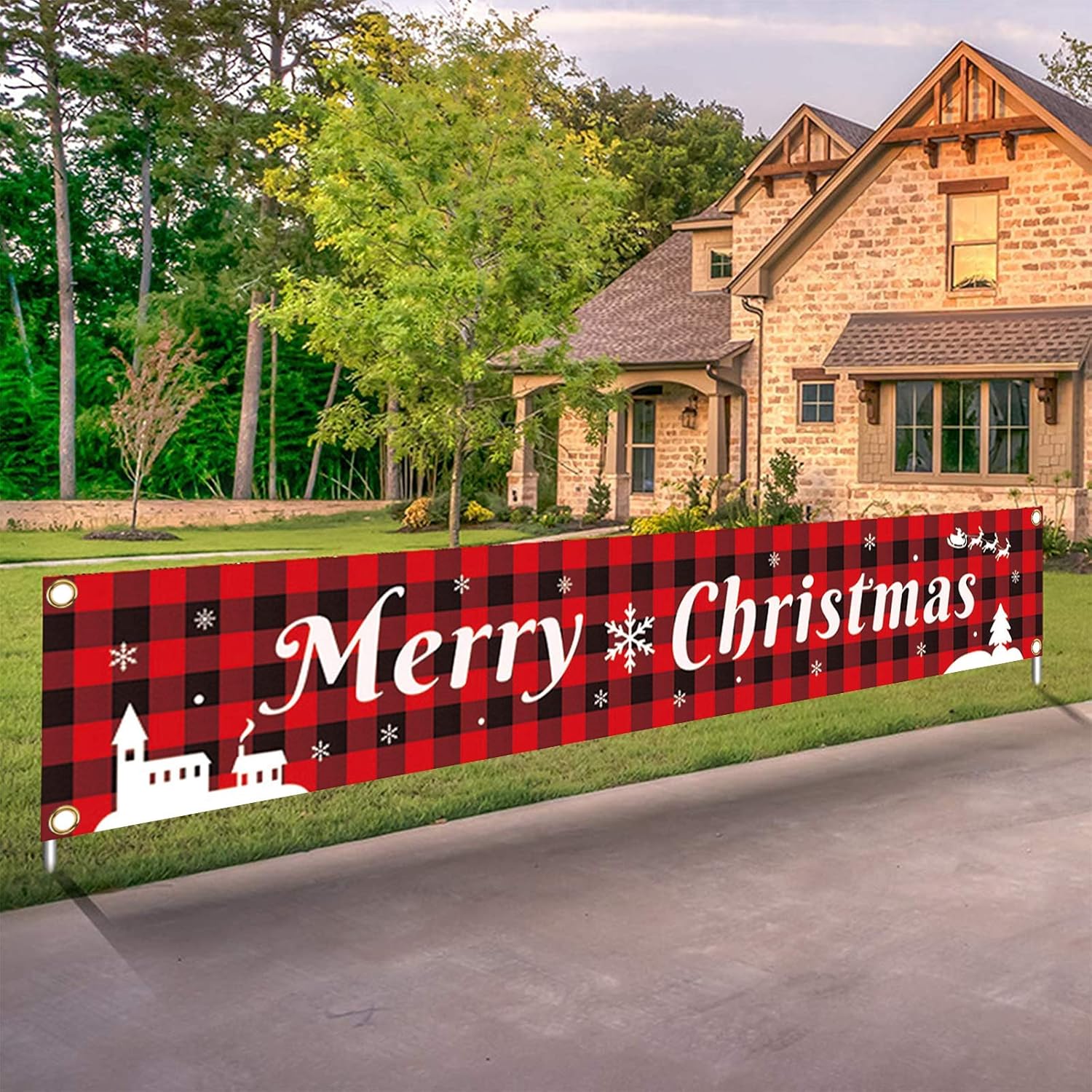 Yard Signs - Large Merry Christmas Banner Xmas Decoration Red Buffalo Plaid Hanging Huge Sign Holiday Party Supplies Home Decor for Outdoor,Indoor,Yard,Garden,Porch,Lawn