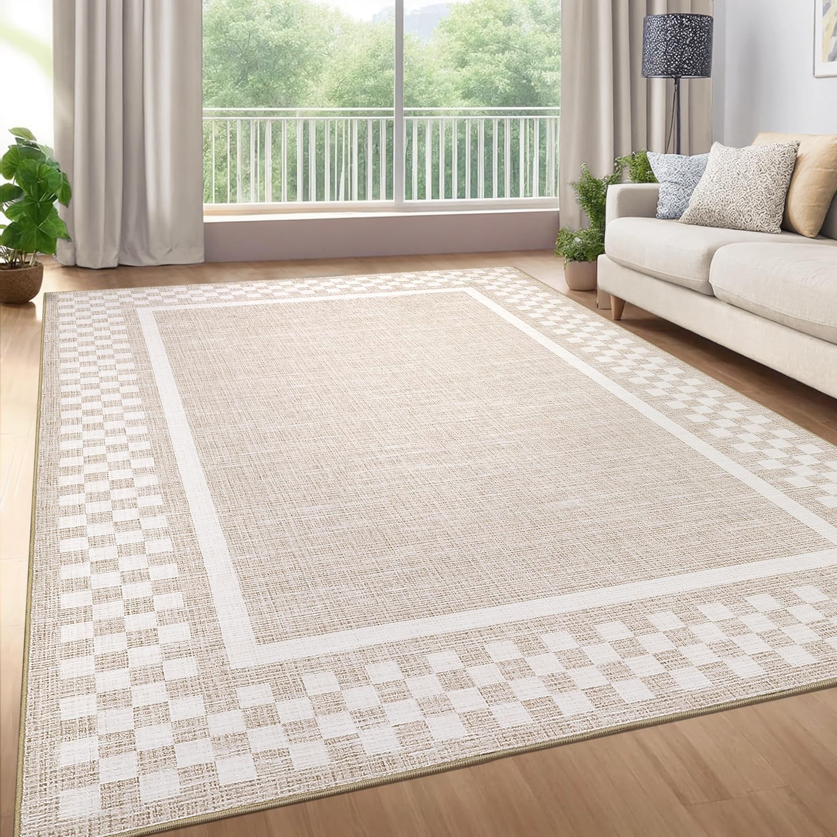 Photo 1 of GarveeHome Area Rug 9x12 Living Room Rug Modern Bordered Soft Large Area Rugs for Bedroom Washable Checkered Dining Room Throw Carpet Non Slip Stain Resistant Geometric Rugs for Home Office, Beige