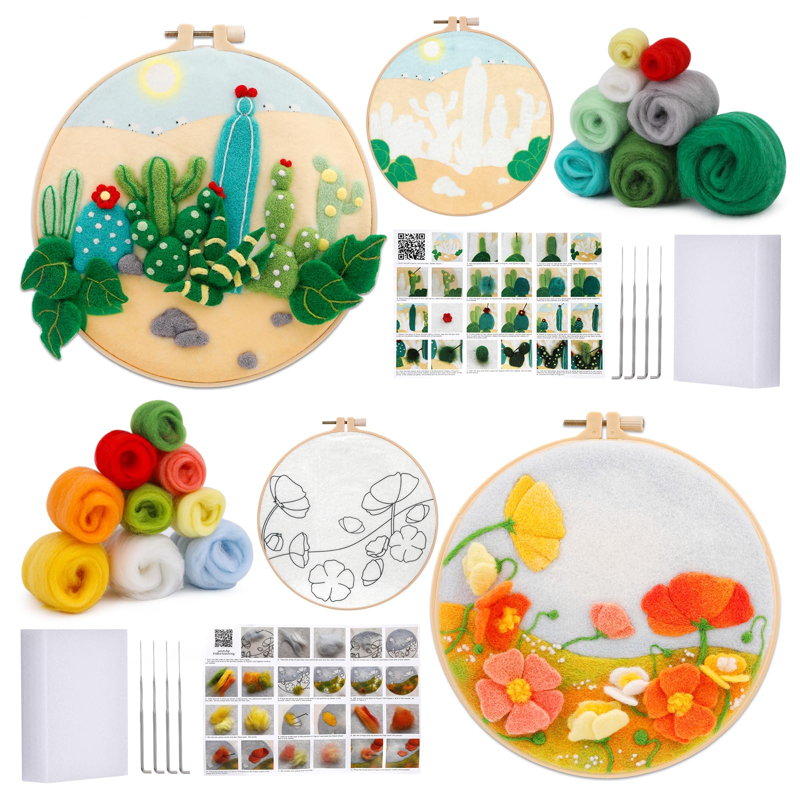 BUOKKON Needle Felting Kit, Needle Felting Tools for Beginner, Wool Felt Supplies with Instructions, Felting Needles, Felting Wool, Embroidery Hoops for Home Decoration