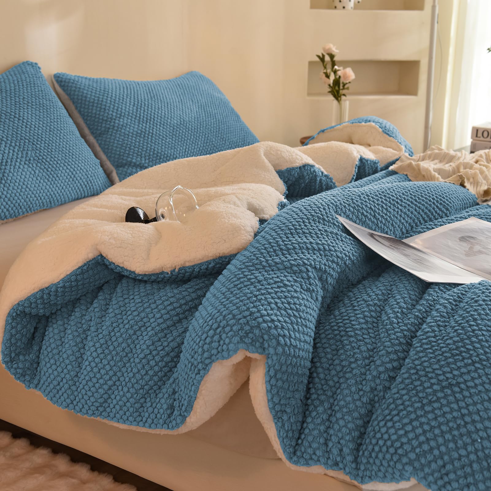 Photo 1 of LLanCL 3D Jacquard Design Comforter Set, Ultra-Soft Warm Queen Size Sherpa Fur Plush 3-Pieces Sets Luxury Cozy Bedding with 2 Pillowcases (90"x90", Blue)