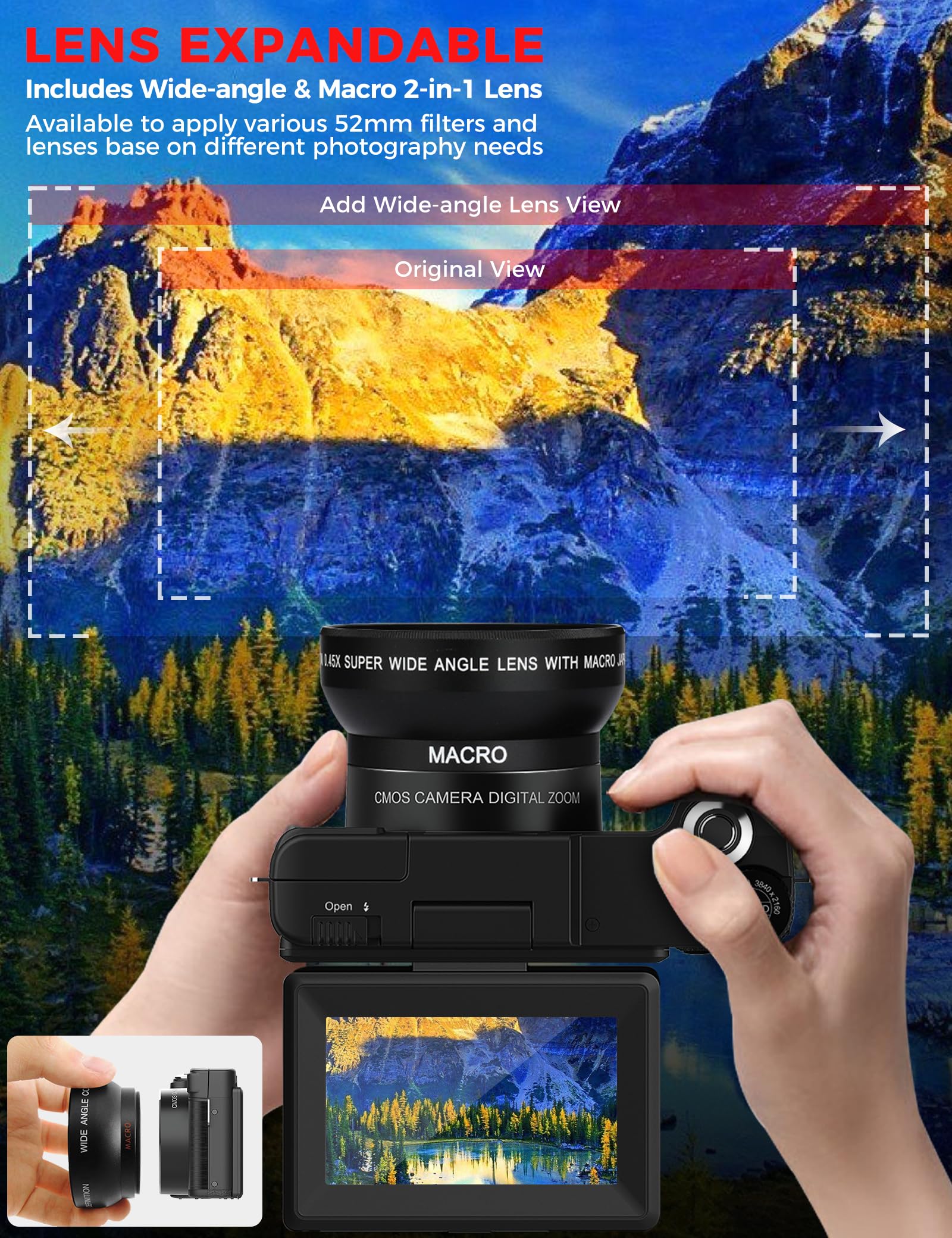 4K Digital Camera with Creator Accessory Kit 48MP Remote Control Vlogging Camera for Vloggers Autofocus Flip Screen Photography Cameras with Tripod Grip, Wide-angle & Macro lens, Mic, Batteries