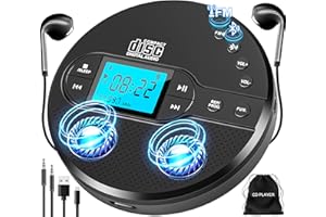 Sunoony Portable CD Player with Bluetooth, Walkman CD Player with FM Transmitter and Speakers for Car, Rechargeable Discman CD Player with Anti-Skip Protection, Headphones, LCD Display (Black)