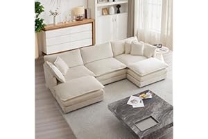 mikibama Modular Sectional Sofa, 111.5 Inch U Shaped Couch Set for Living Room, 3-Seater Comfy Cloud Couches with Movable Ottoman, DIY Combination, Chenille, Light Coffee