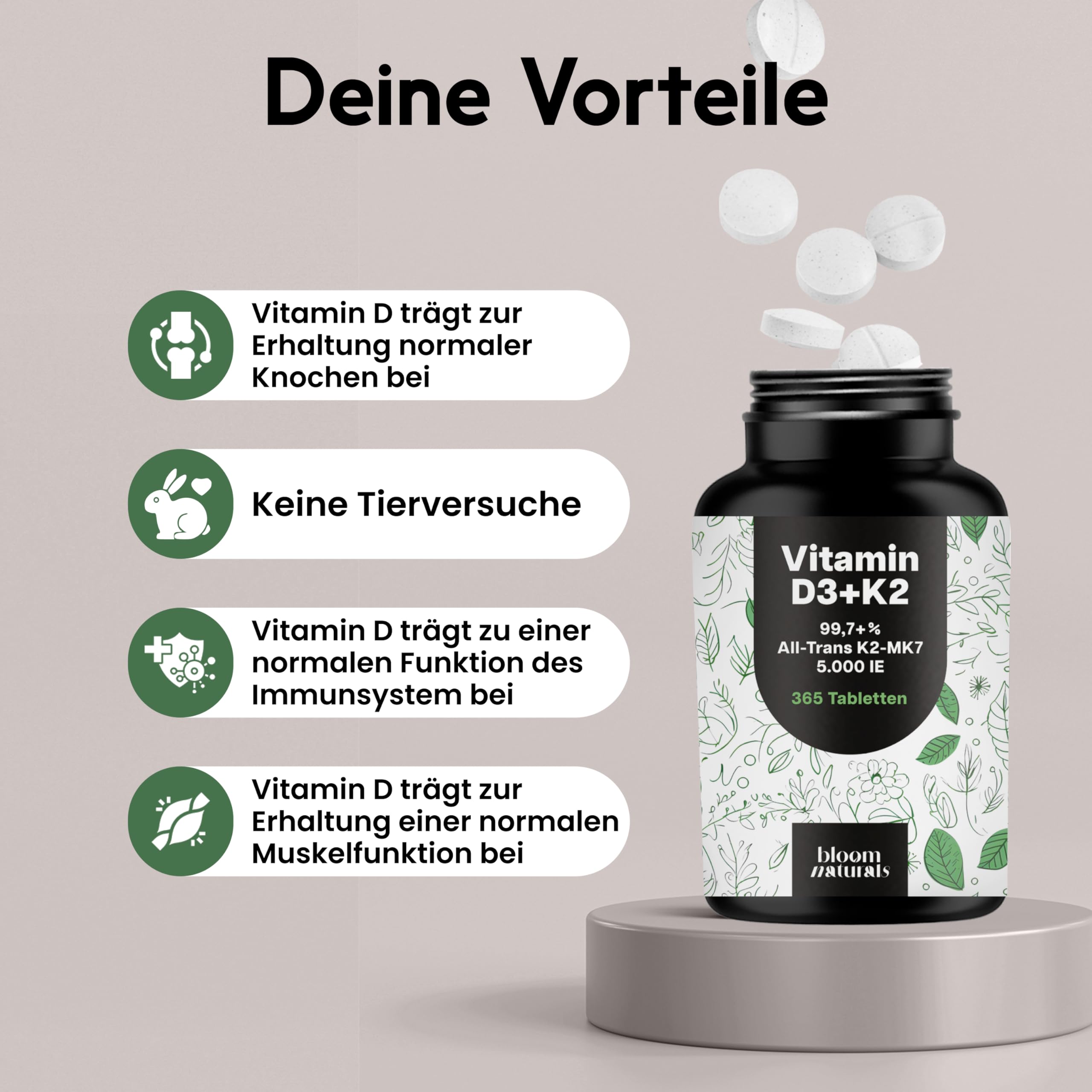 Vitamin D3 K2 5000 IE hochdosiert – 365 Tabletten – Premium 99,7+% All-Trans K2-MK7 – produziert in Deutschland - Verpackung kann variieren 4