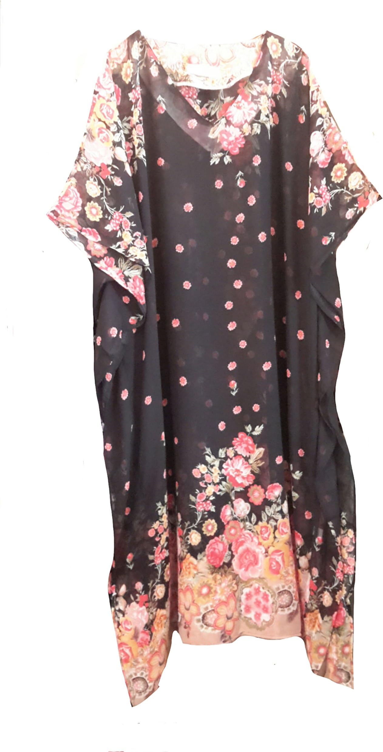 (15003) Ladies Chiffon Black with Floral Print Long Kaftan. One Size Fit UK 10-32