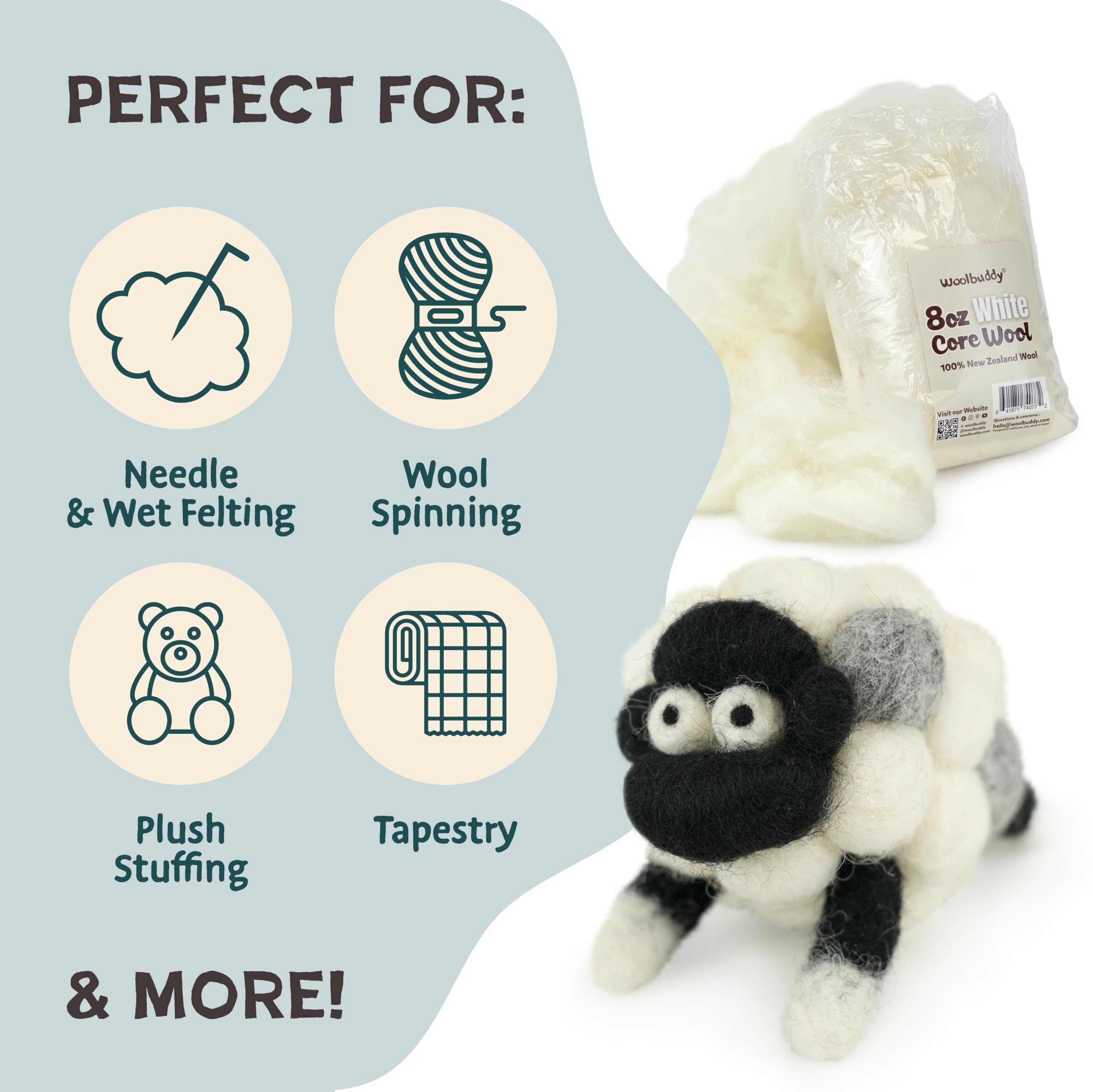 Woolbuddy Wool Felting Core Wool – Handmade Carded White for Needle & Wet Felting, Dryer Balls, Craft Pads & Chunky Yarn (8oz)
