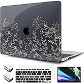 TWOLSKOO for MacBook Air 13.3 inch Case 2021 2020 2019 2018 Release M1 A2337 A2179 A1932 with Touch ID, Plastic Hard Shell Case & Keyboard Cover & Type C Adapter, Golden Flowers