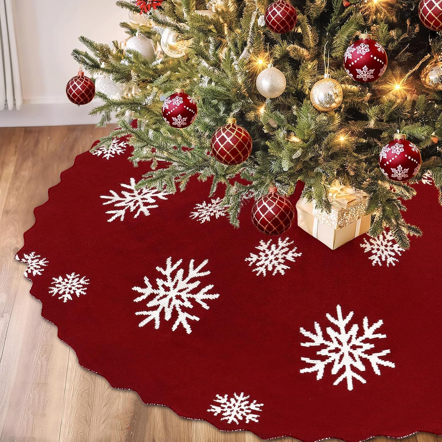 Betylifoy Knitted Rustic Christmas Tree Skirt, 48 Inch Cable Knit Thick Burgundy Skirt with Snowflakes, Mat Base Cover for Farmhouse Holiday Home Party Decor (L-48IN)