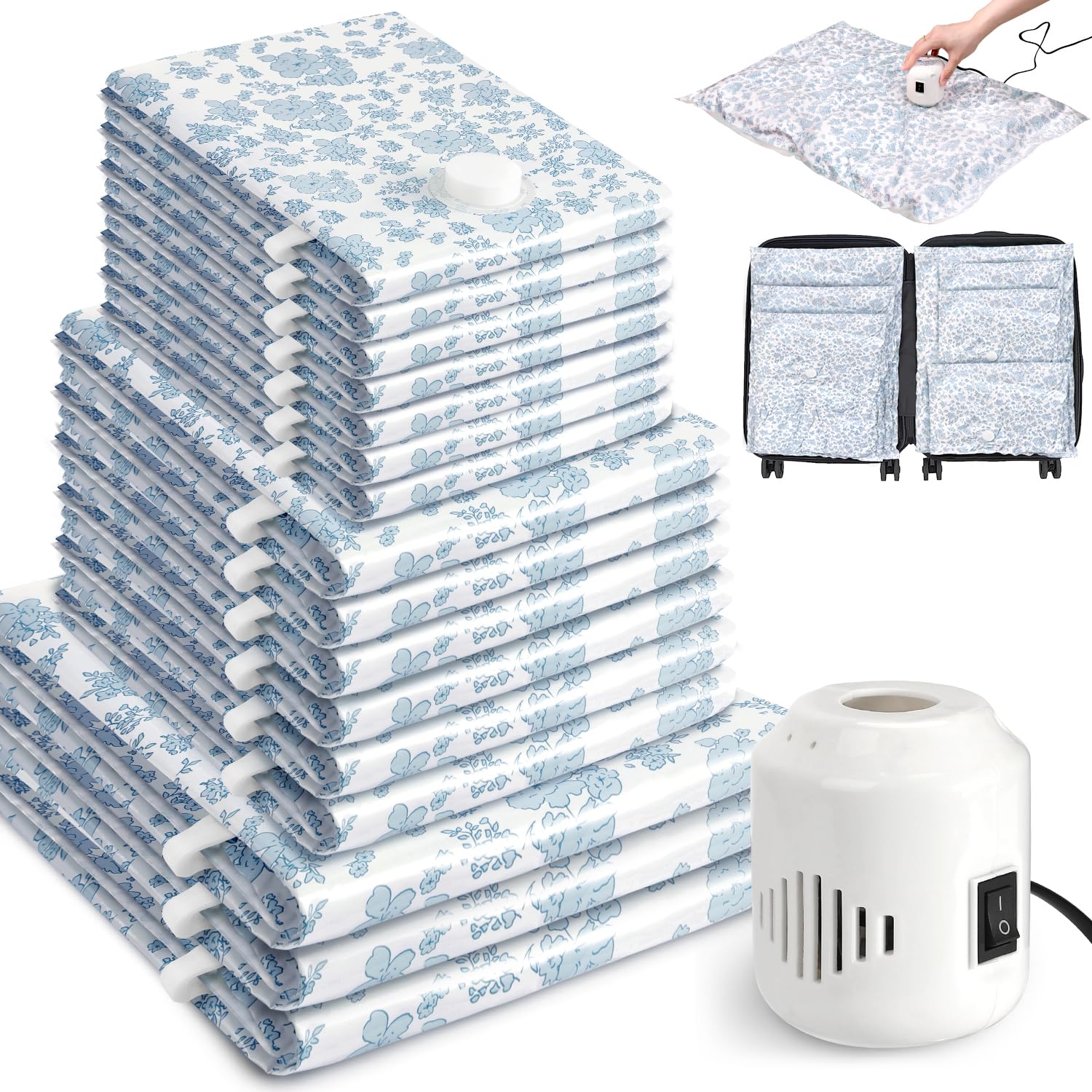 Photo 1 of 16 Pack Vacuum Storage Bags Vacuum Seal Bag for Clothing, Space Saver Storage Organizer, Travel Packing Bags for Luggage (Blue Flowers)