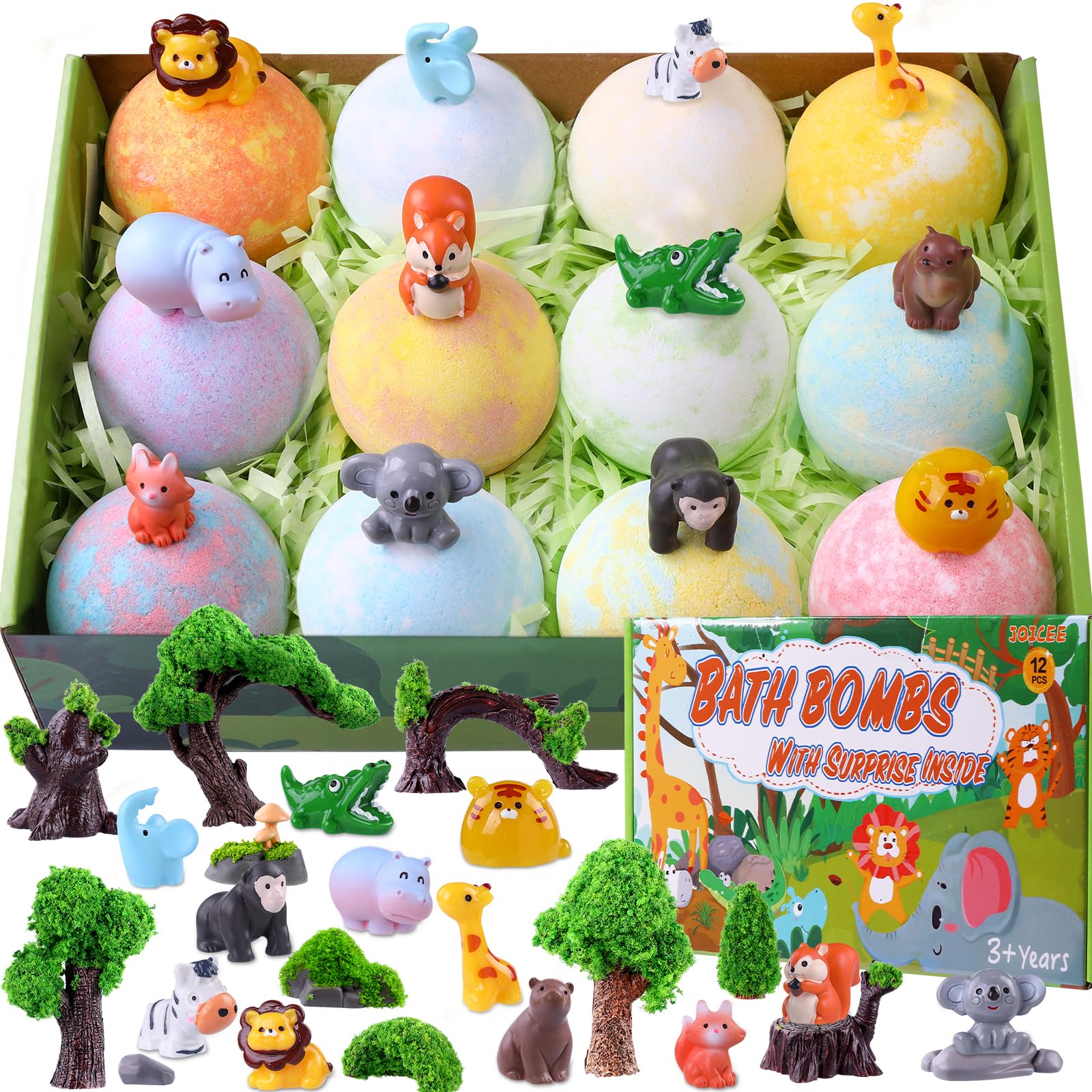 Photo 1 of JOICEE Bath Bombs for Kids with Surprise Inside, 12 Pack Organic Natural Bath Bombs with Jungle Animal Toys Mini Model Trees Stones for Boys Girls Birthday Christmas Gift Set