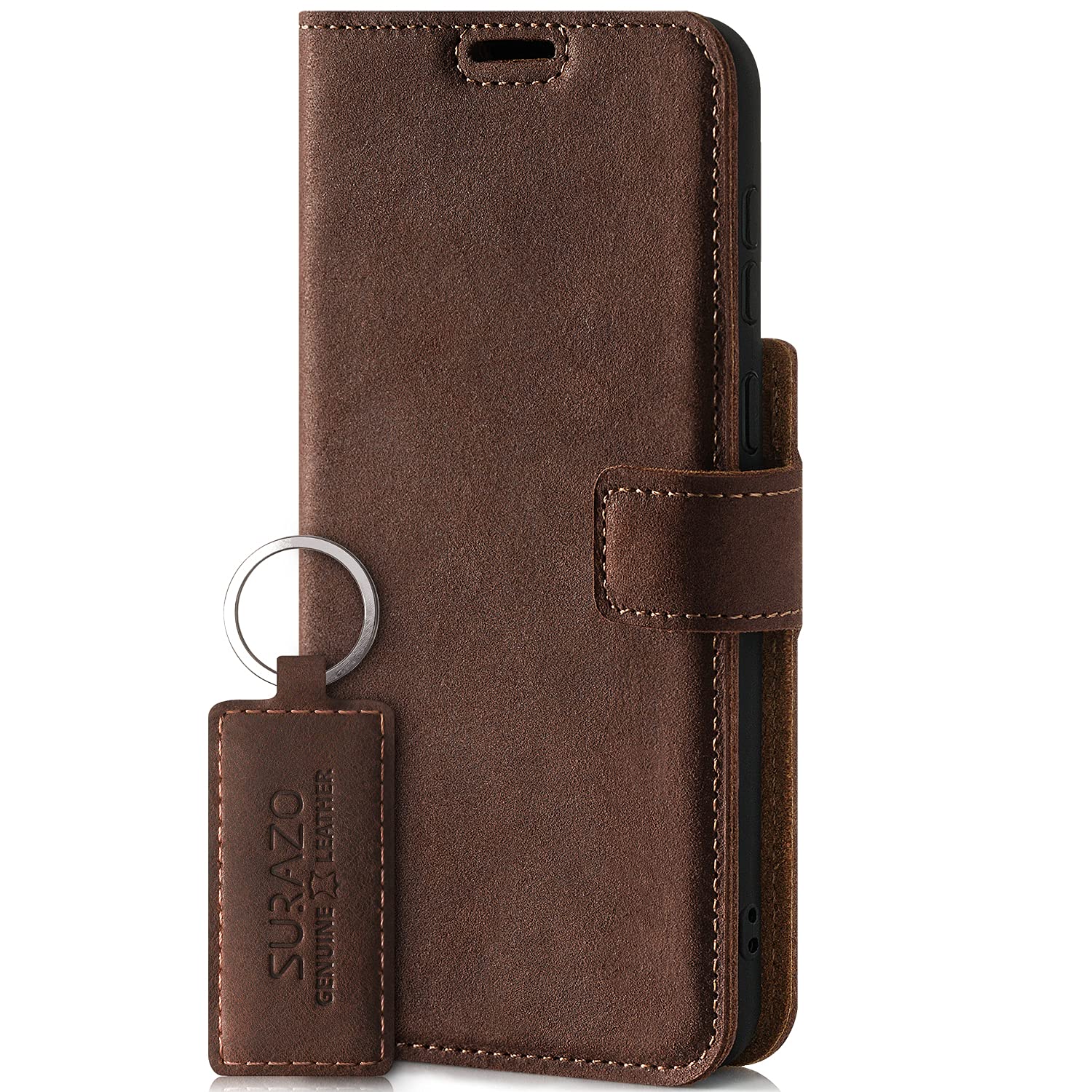 SURAZO Leather Wallet Mobile Phone Case Compatible with Apple iPhone 13 Pro - Flip & Fold Smartphone Case with Stand RFID Blocker Magnet Closure, 3 Slots for Bank Cards - Handcrafted European Leather