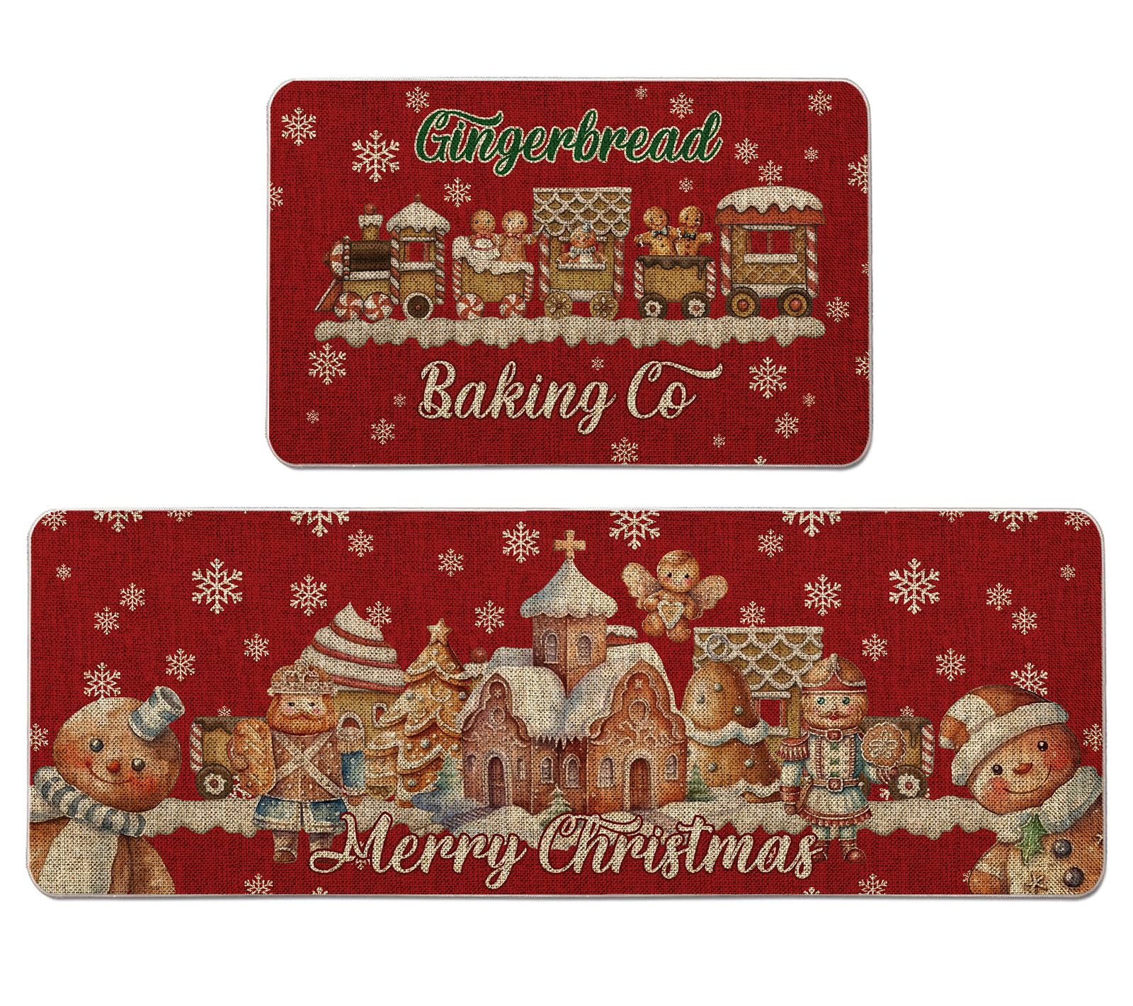 Tian Zhun Christmas Kitchen Mat Gingerbread Christmas Kitchen Rug Set of 2 Xmas Holiday Floor Mat Farmhouse Home Kitchen Bathroom Decorations - 17x27 and 17x47 Inch