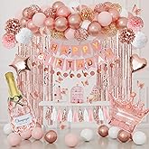 Rose Gold Birthday Party Decorations Kit for Women Girls, Foil Confetti Rose Gold Balloon Pink Happy Birthday Banner Fringe Curtains Butterfly Decor Circle Dots Tassels Pompoms Party Supplies