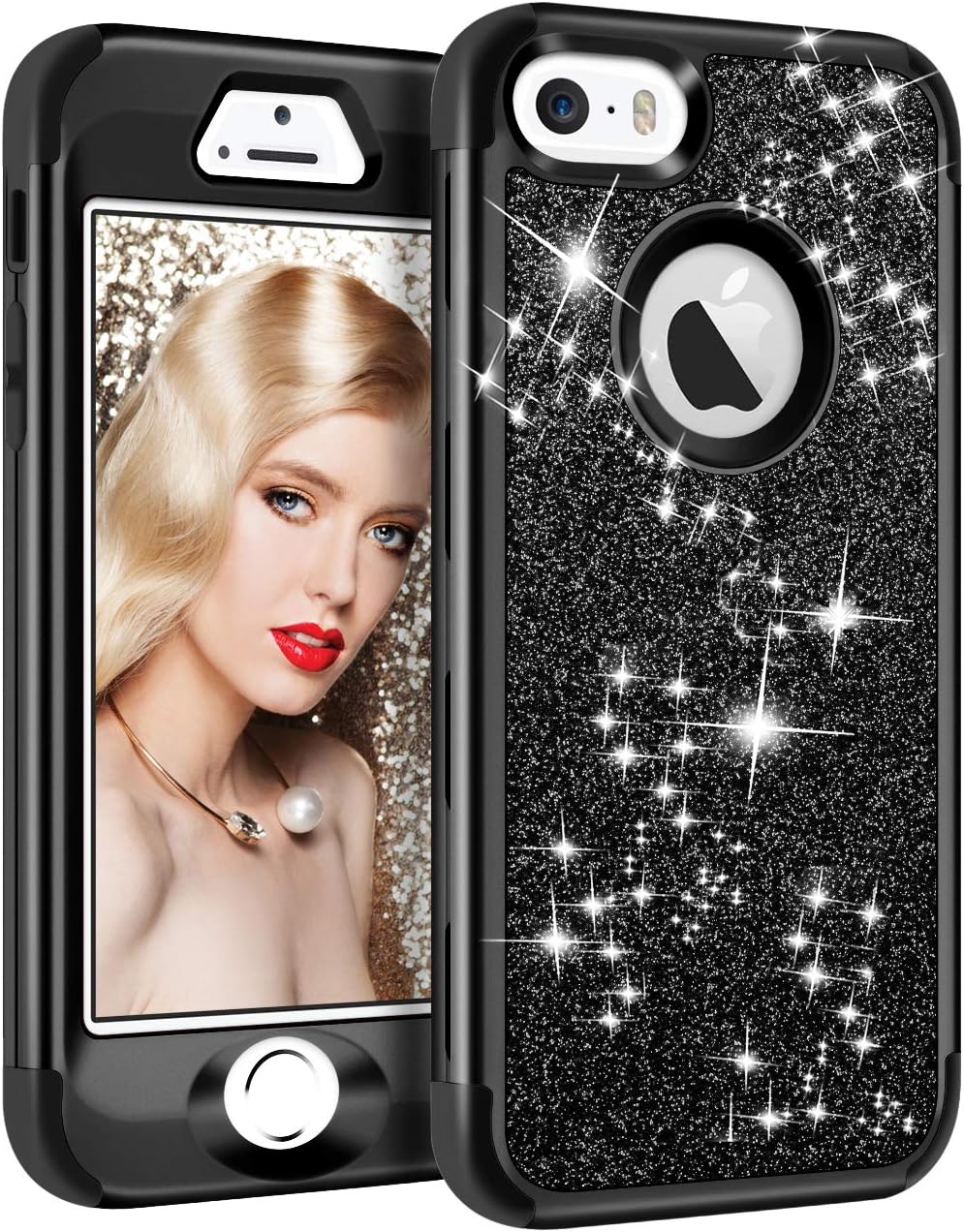 Vofolen Case for iPhone SE Case iPhone 5S Case Glitter Bling Shiny Heavy Duty Protection Full-Body Protective Cover Hard Shell Hybrid Silicone Rubber Armor + Front Bumper for iPhone 5 5S SE Black