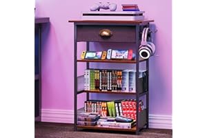Hongtamoya 4-Tier AV Media Stand with Drawer, Video Game Console Shelf with 2 Hooks, Audio Rack Tower Perfect for/Xbox/ PS5/Switch/Game Consoles/DVD/Record Player/Projector/Sky Box/TV Accessories
