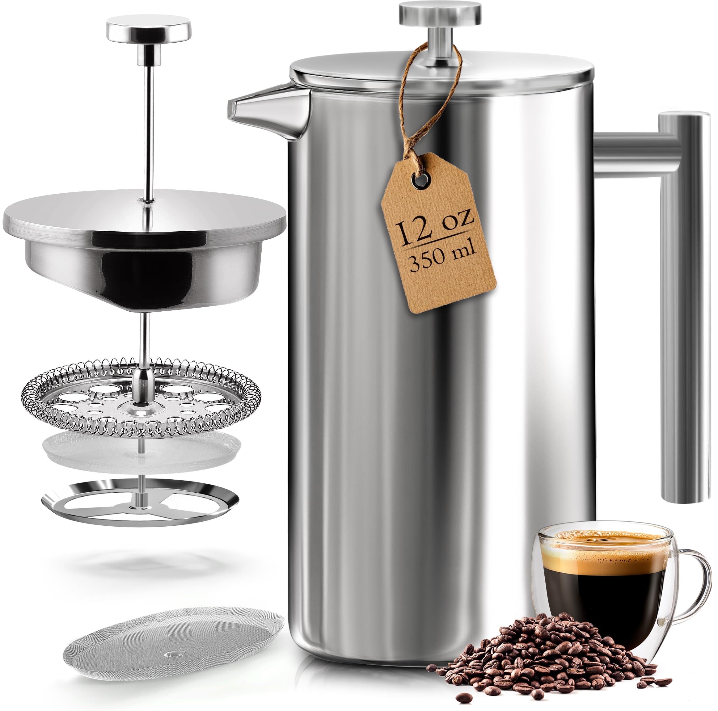 KICHLY 350ml Stainless Steel French Press - Double Wall Coffee Press - Stainless Steel Plunger Coffee & Tea Maker (Silver, 0.35 Ltr, Pack of 1)