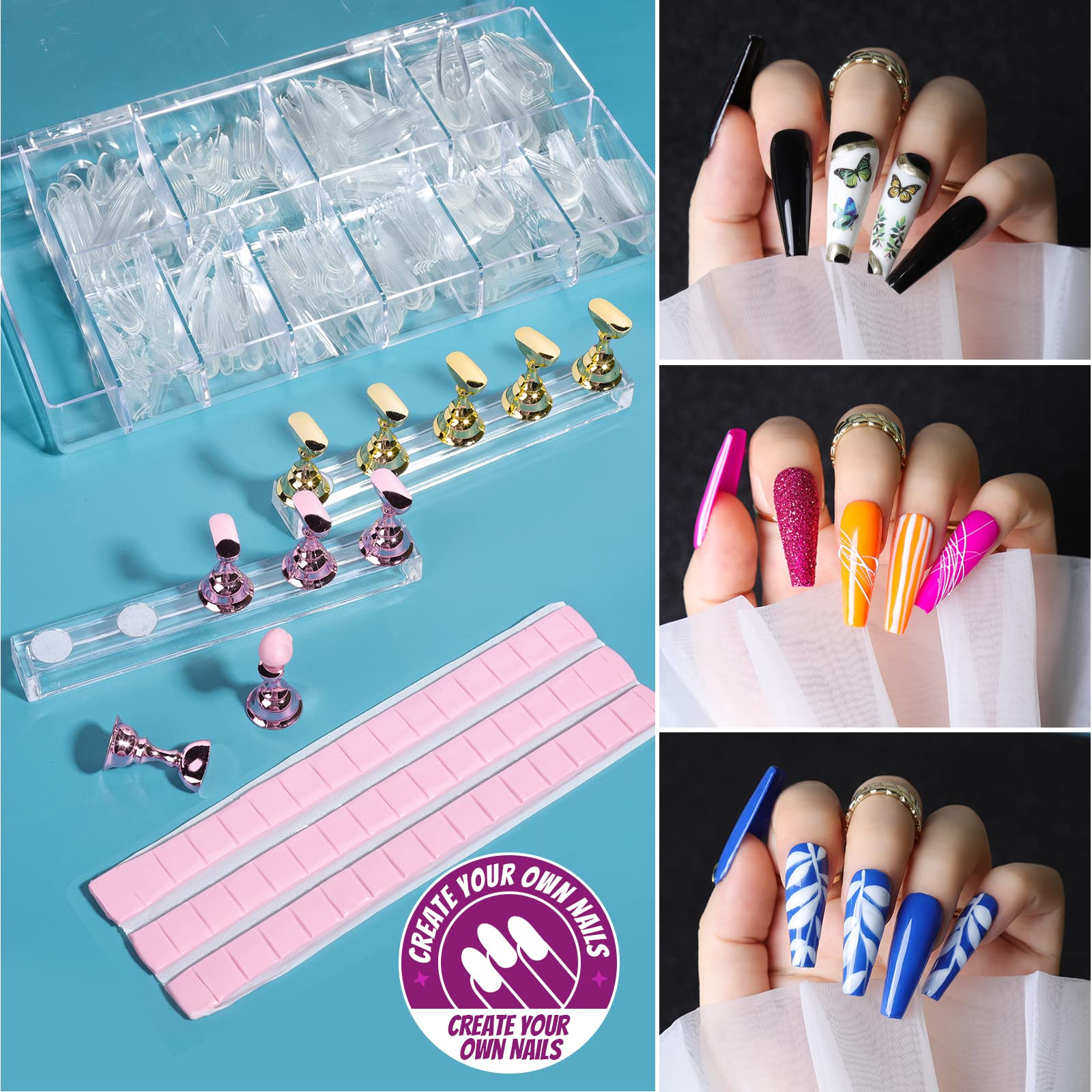Teenitor Acrylic Fake Nails Kit, Press On Nail Supplies with Clear Coffin Nail Tips Nail Stand Nail Art Brushes Dotting Pen Glitter Sequins Sticker Rhinestones Nail Decorations Press On Nails Kit - Image 2