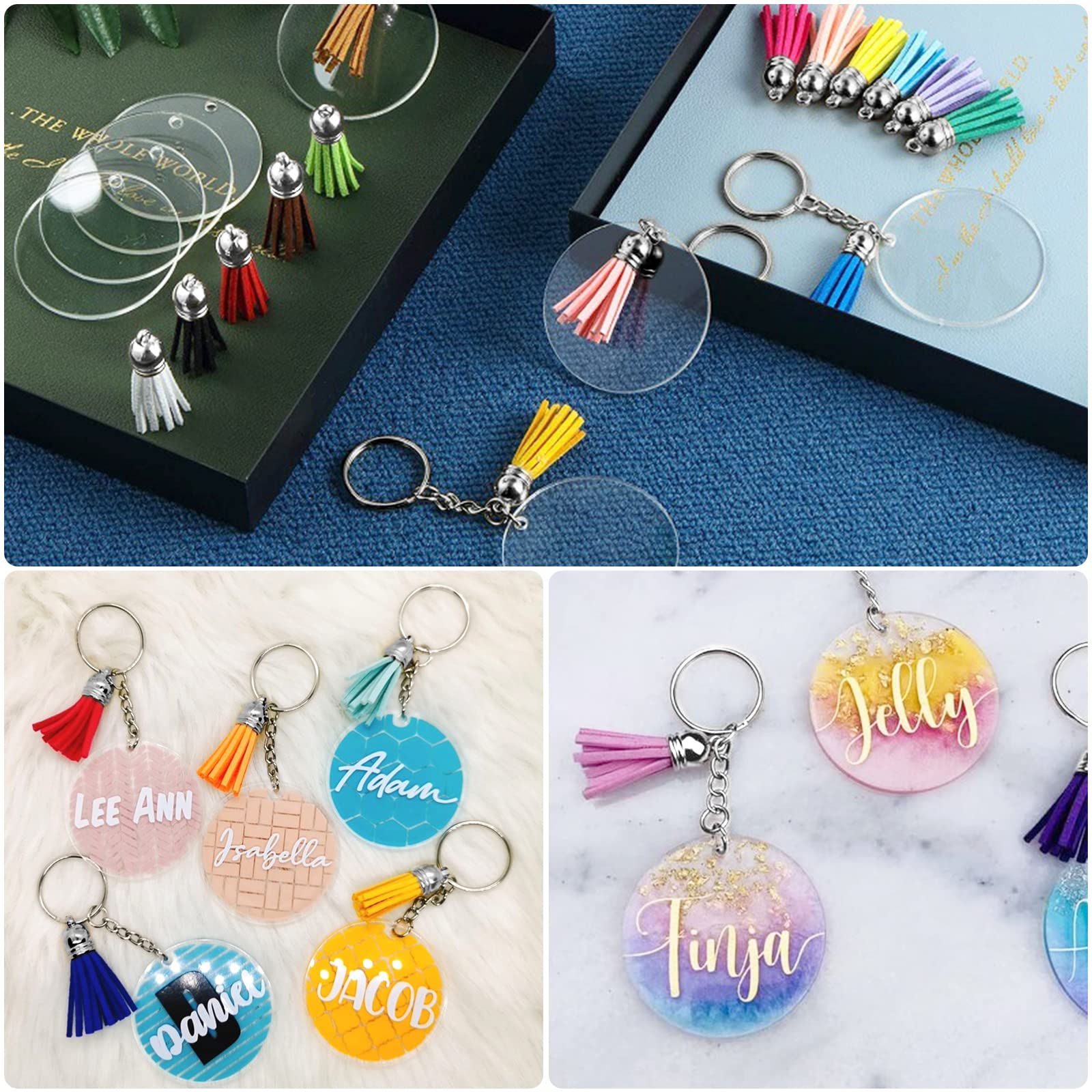 ZYNERY 144 Pcs 2 Inch Acrylic Keychain Blanks Set with Key Rings,Clear Acrylic Key Chain Blanks for Cricut,Keychain Making Kit, Display Cards, Tassels, Jump Rings for DIY Key Chain Vinyl Crafting