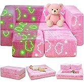 Lamerge Toddler Couch Glow in The Dark Toddler Fold Out Couch for playroom, Convertible Baby Fold Out Play Foam and Floor Cushion for Bedroom (Pink+Clouds)
