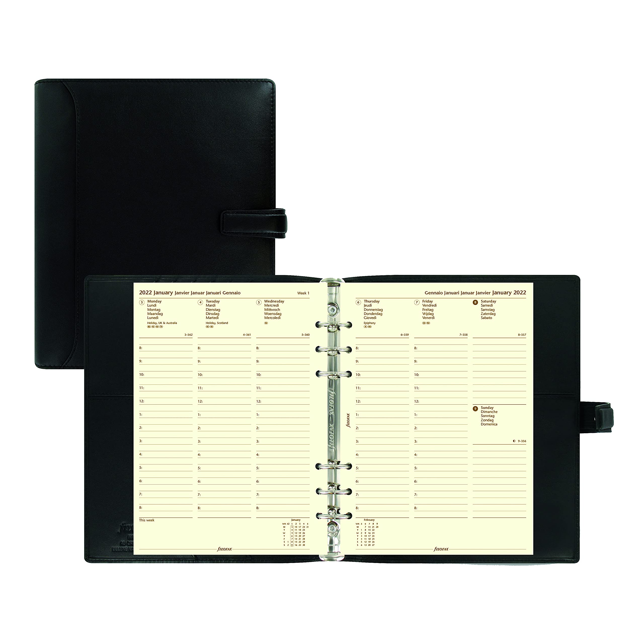 Filofax Nappa Organizer, A5 Size, Black - Nappa Leather, Six Rings, Week-to-View Calendar Diary, Multilingual, 2022 (C025137-22), 5.75 inches X 8.25 inches